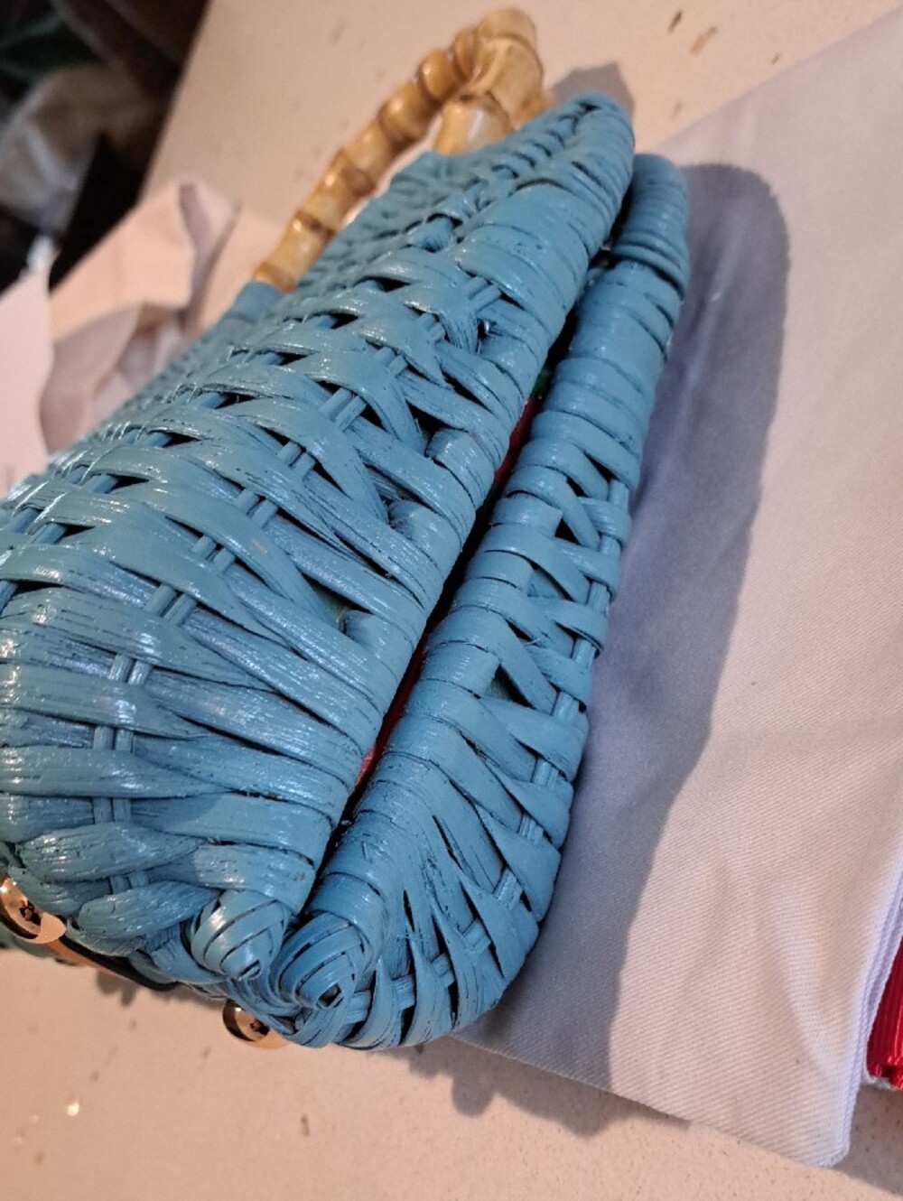 Frances Valentine Teal Buzzy Basket Woven Tote with Bamboo Top Handle - Picture 10 of 16